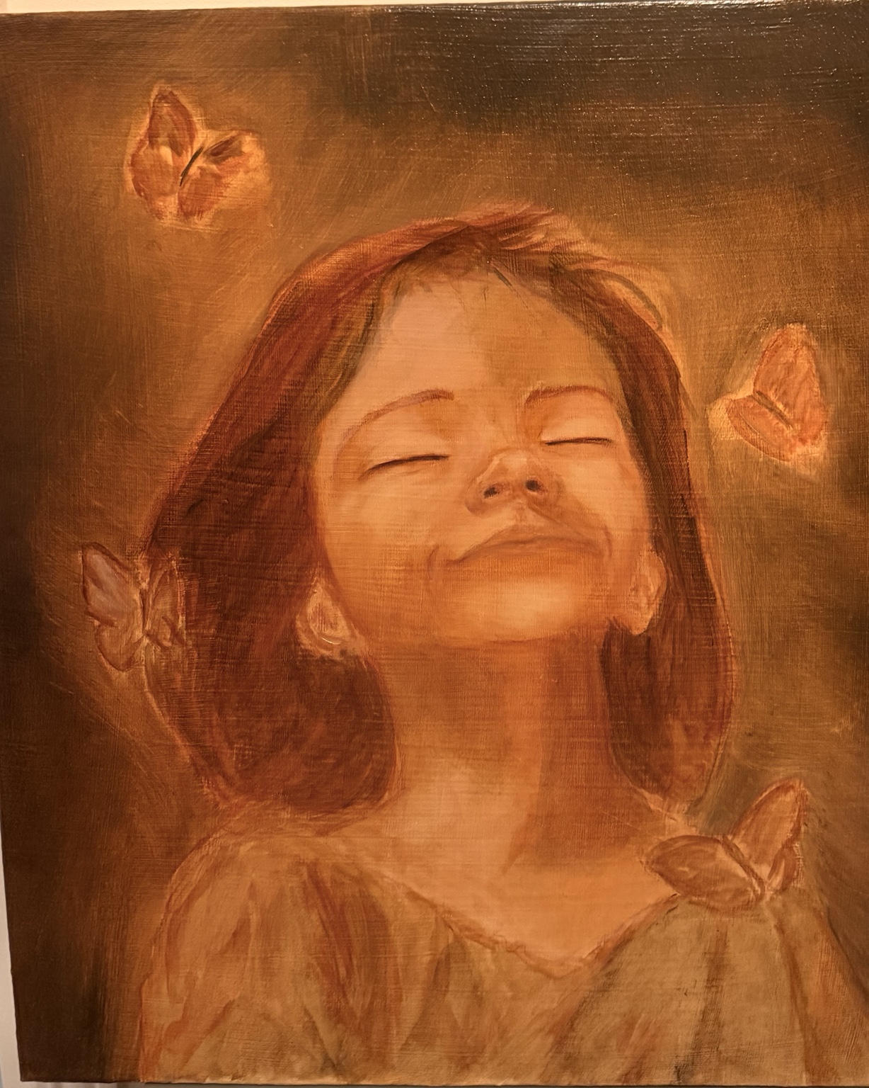 Portrait peint d’une enfant entourée de papillons