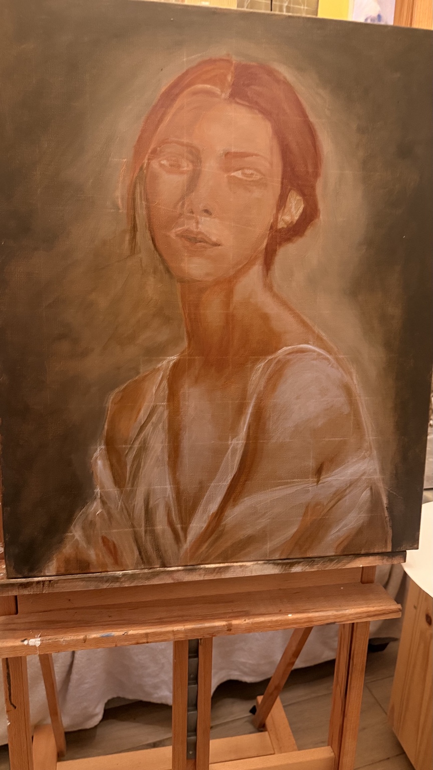 Portrait de femme en cours de réalisation sur chevalet